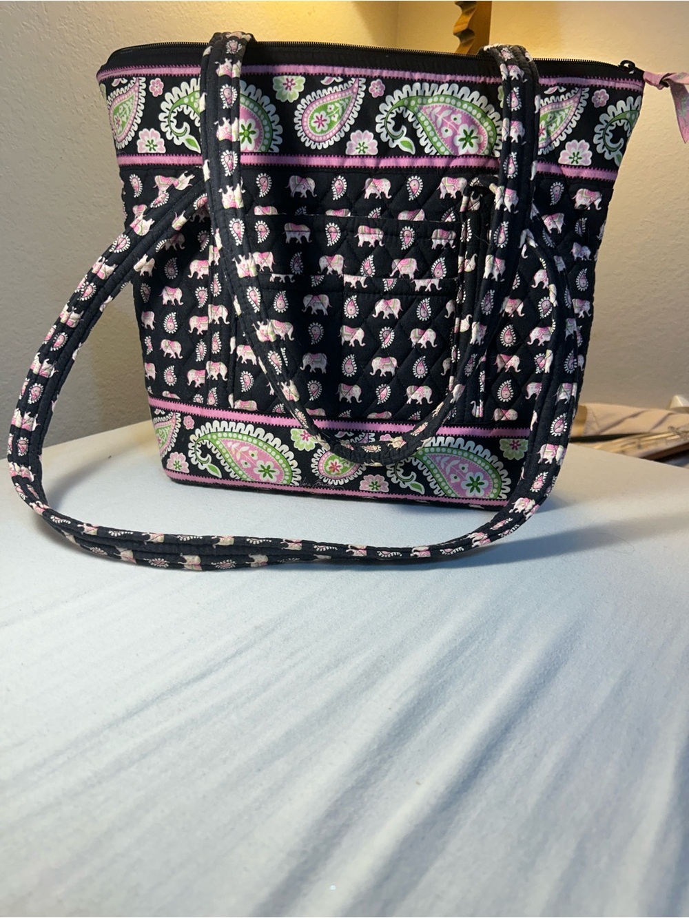 Vera Bradley Black Tote with Pink and Green Paisley & Elephant Print